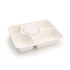 5-Comp 10.63"x8.66"xH1.97" 70g Bagasse Compostable Disposable Divided Serving Lunch Tray with Lid