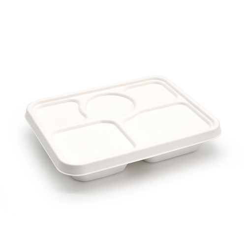 5 Compartment 10.55"x7.91"xH1.59" 63g Bagasse Compostable Paper Lunch Tray with Lid