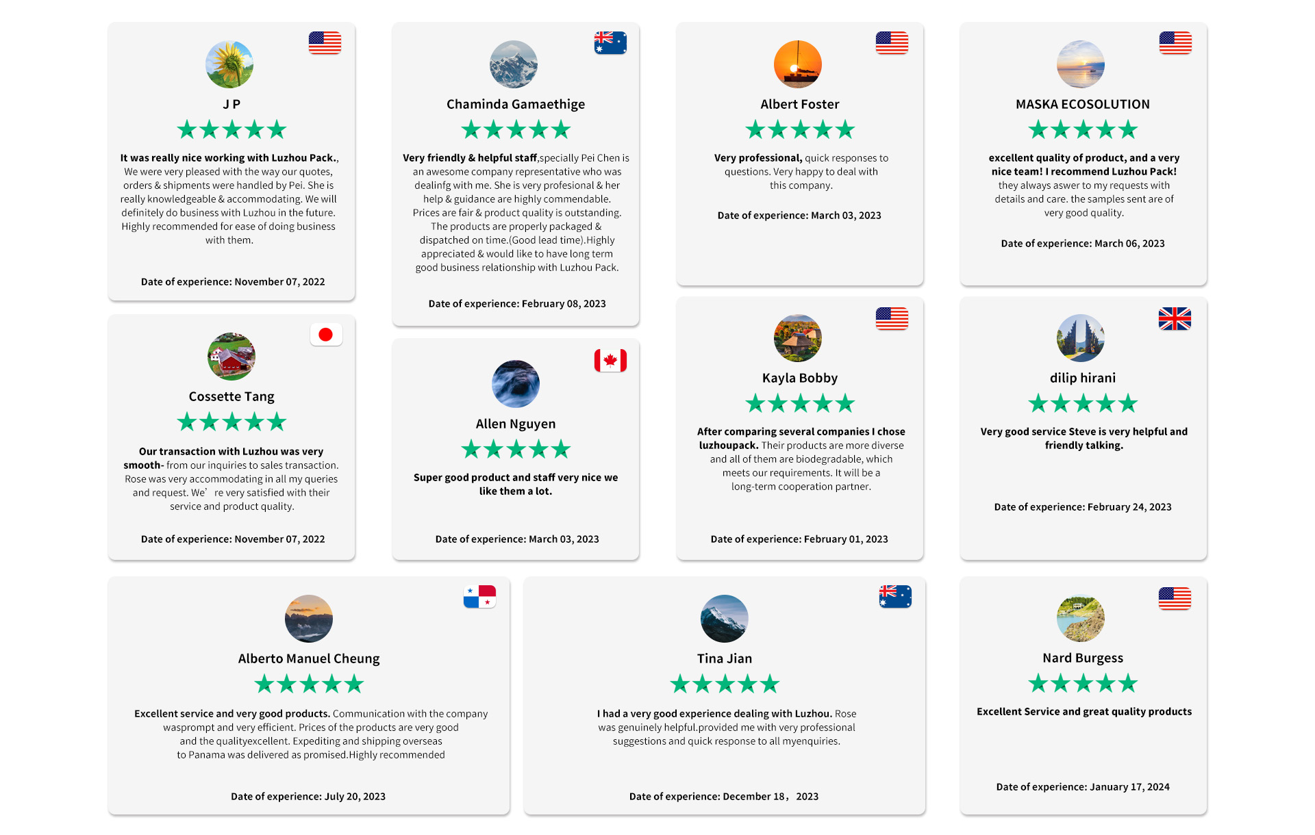 Customer reviews of our products and services on TrustPilot; they all express satisfaction.