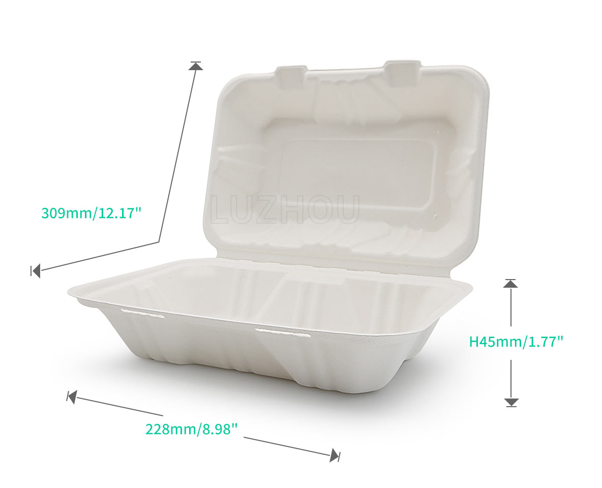 850ml 9x6xH3" (Fold) 28g Bagasse Compostable Clam Shell Lunch Container Paper