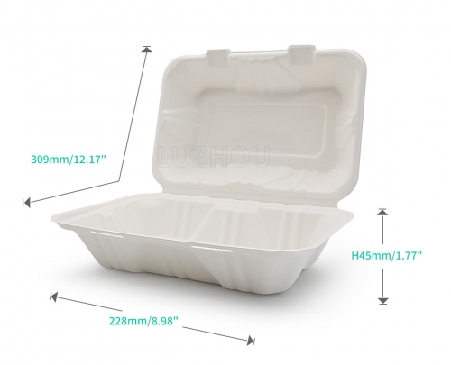 850ml 9x6xH3" (Fold) 28g Bagasse Compostable Clam Shell Lunch Container Paper