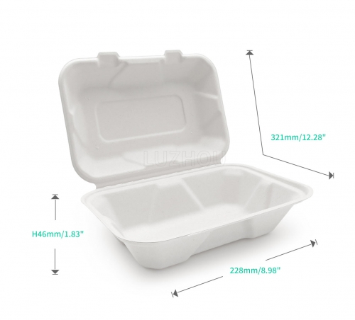 850ml 8.98"x5.98"xH2.99" (Fold) 28g Bagasse Biodegradable Compostable Food Packaging Containers