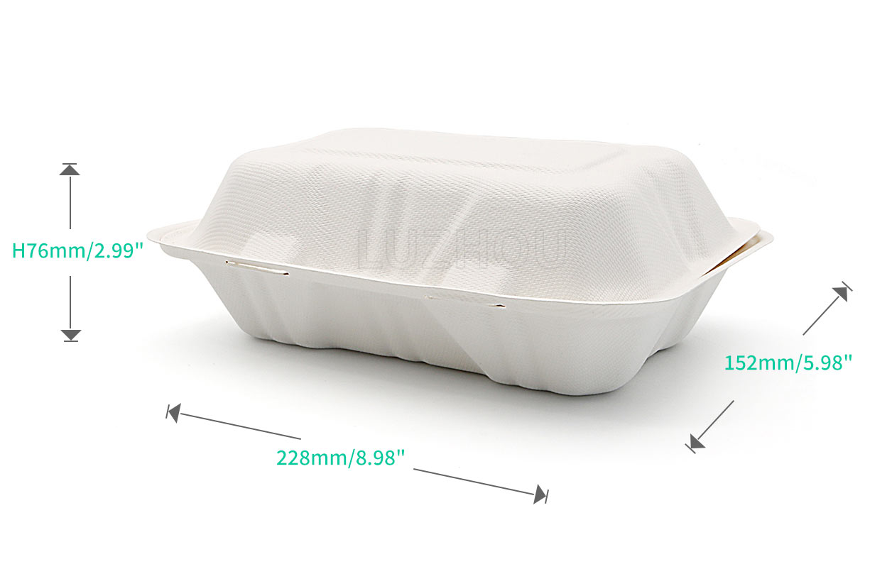 850ml 9x6xH3" (Fold) 28g Bagasse Compostable Clam Shell Lunch Container Paper