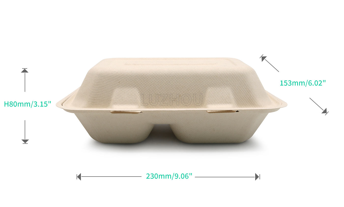 900ml 9.06"x6.02"x3.15" (Fold) 30g 2-Comp Bagasse Compostable To Go Box for Food Packaging