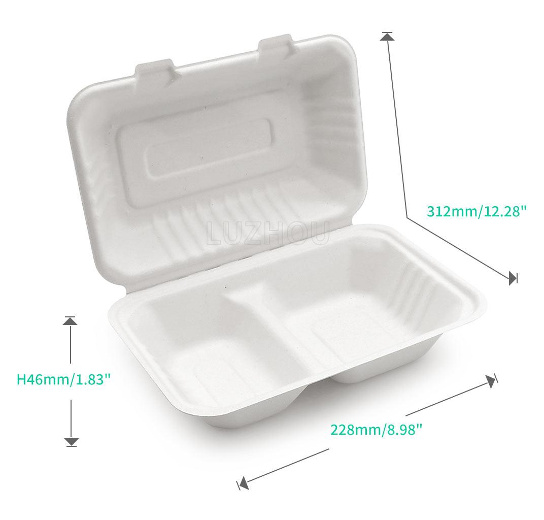 900ml 9.06"x6.02"x3.15" (Fold) 30g 2-Comp Bagasse Compostable To Go Box for Food Packaging