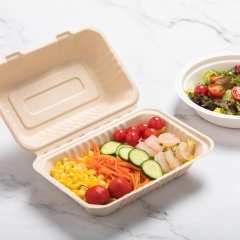 900ml 9.06"x6.02"x3.15" (Fold) 30g 2-Comp Bagasse Compostable To Go Box for Food Packaging