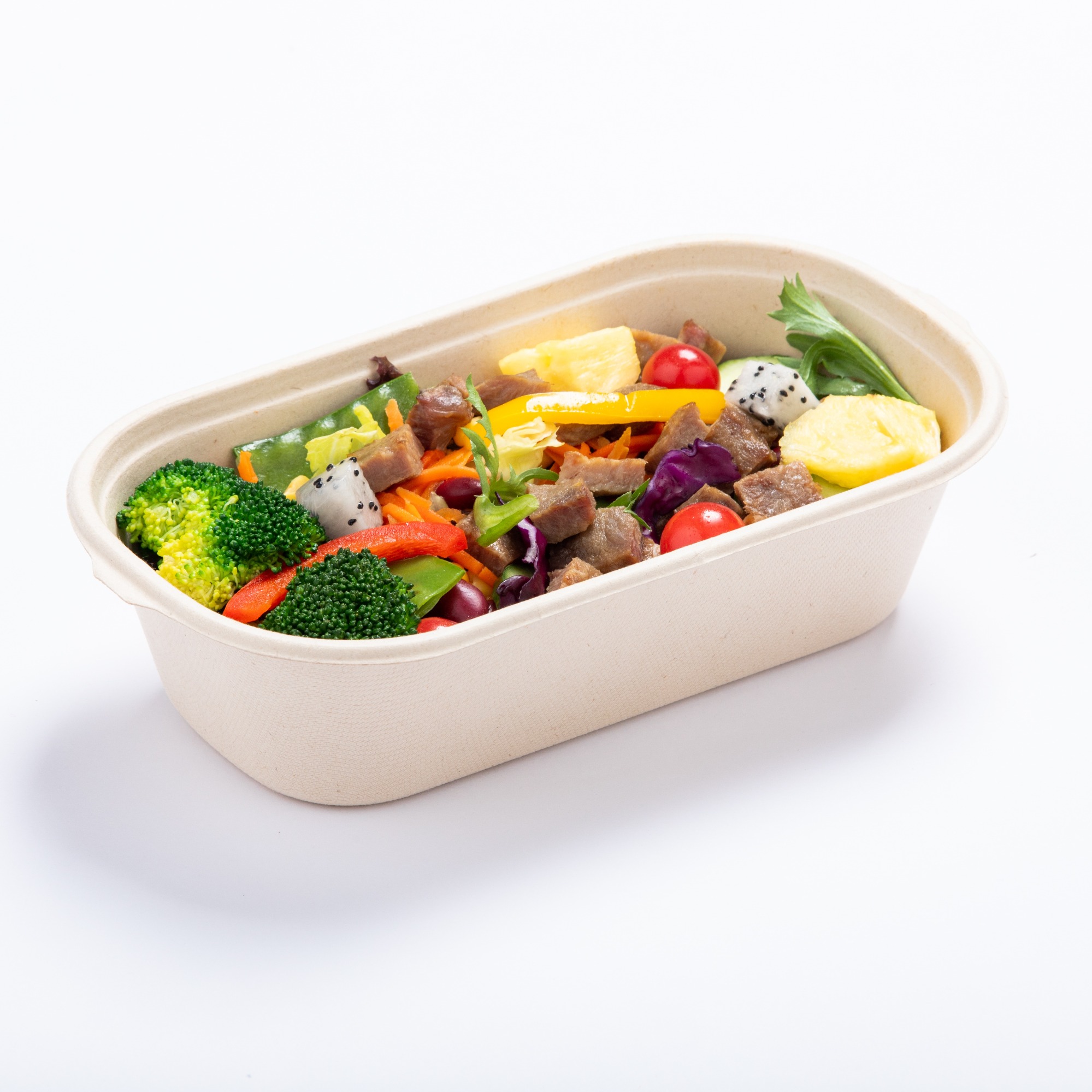 1000ml 34oz 9.2"x5.2"x2.4" 25g 1-Comp Bagasse Compostable Disposable Paper Fruit Salad Box with Lid