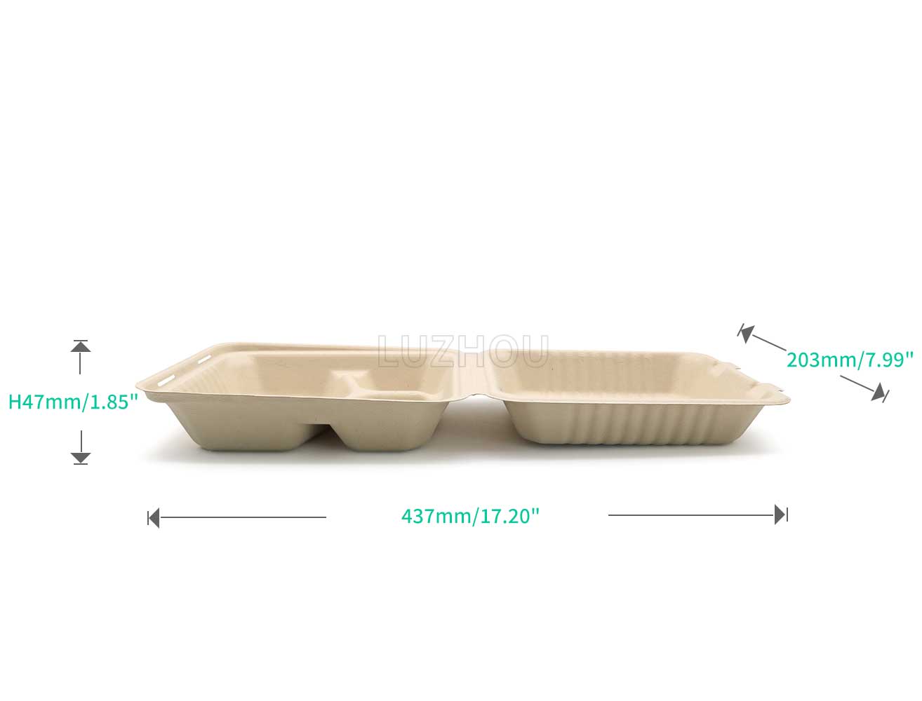 1000ml 8.66"x7.99"xH2.99" (Fold) 37g 3-Comp Bagasse Biodegradable Compostable Take Away Container Box