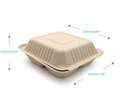 1000ml 8.66"x7.99"xH2.99" (Fold) 37g 3-Comp Bagasse Biodegradable Compostable Take Away Container Box