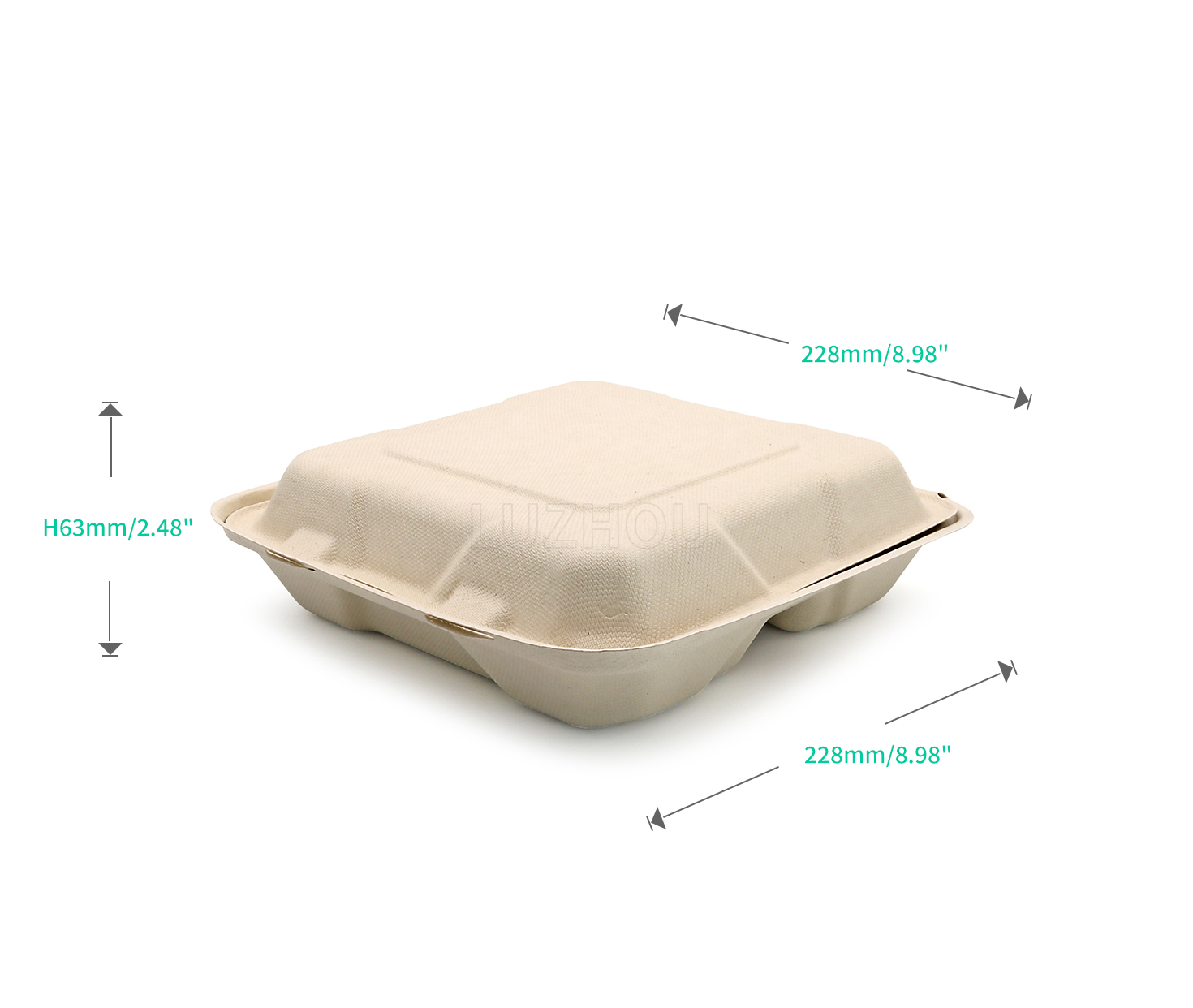 1150ml 9.06"x6.02"xH3.15" (Fold) 3 Compartment Bagasse Compostable Take Out Food Containers