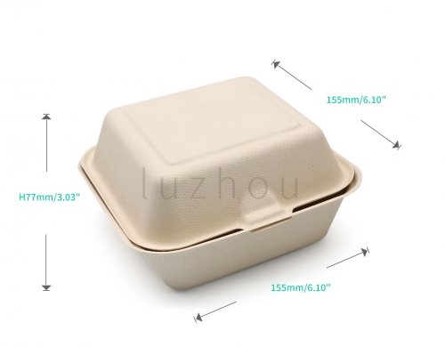 480ml 6.10"x6.10"xH3.03" (Fold) 23g Bagasse Biodegradable Compostable Clamshell Burger Packaging Box
