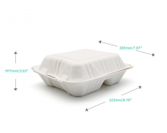 800ml 8x8xH2.48" (Fold) 31g 3 Compartment Bagasse Compostable Meal Containers Disposable