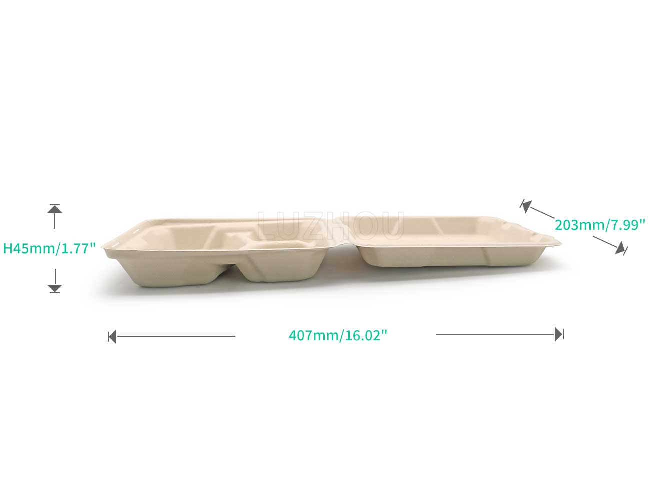 800ml 7.99"x7.99"xH2.48" (Fold) 31g 3 Compartment Bagasse Compostable Eco Food Containers To Go