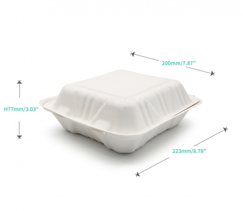 900ml 8x8xH2.48" (Fold) 31g Bagasse Biodegradable Compostable Meal Containers Large
