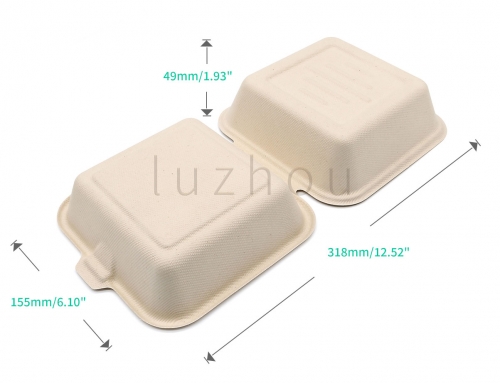 480ml 6.10"x6.10"xH3.03" (Fold) 23g Bagasse Biodegradable Compostable Clamshell Burger Packaging Box