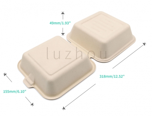 480ml 6.10"x6.10"xH3.03" (Fold) 23g Bagasse Biodegradable Compostable Clamshell Burger Packaging Box