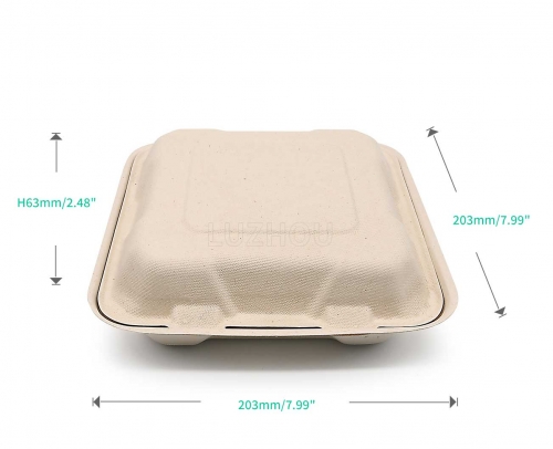 800ml 7.99"x7.99"xH2.48" (Fold) 31g 3 Compartment Bagasse Compostable Eco Food Containers To Go