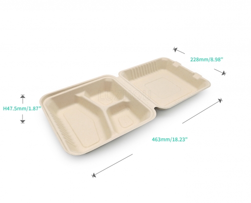 1300ml 9x9xH3.03" (Fold) 42g 3 Compartment Bagasse Compostable Eco To Go Food Container