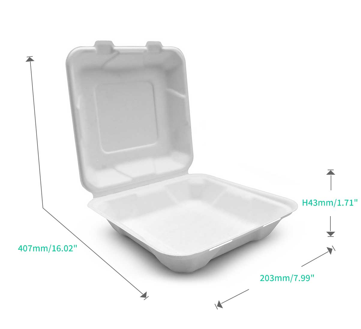 900ml 7.99"x7.99"xH2.48" (Fold) 31g Bagasse Compostable Food Eco Take Out Container Box Paper