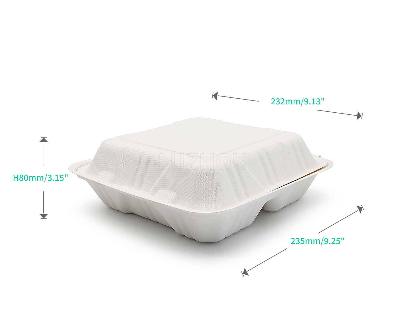 1300ml 9x9xH3" (Fold) 42g 3 Compartment Bagasse Compostable Takeaway Food Box