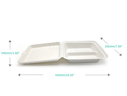 850ml 7.56x8.27xH2.36" (Fold) 30g 2-Comp Bagasse Biodegradable Compostable Fast Food Container
