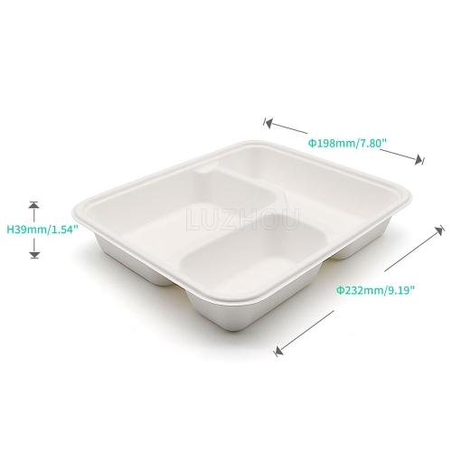 3-Comp 9"x7.8"xH1.5" 30g Bagasse Compostable Compartment Togo Food Tray Container