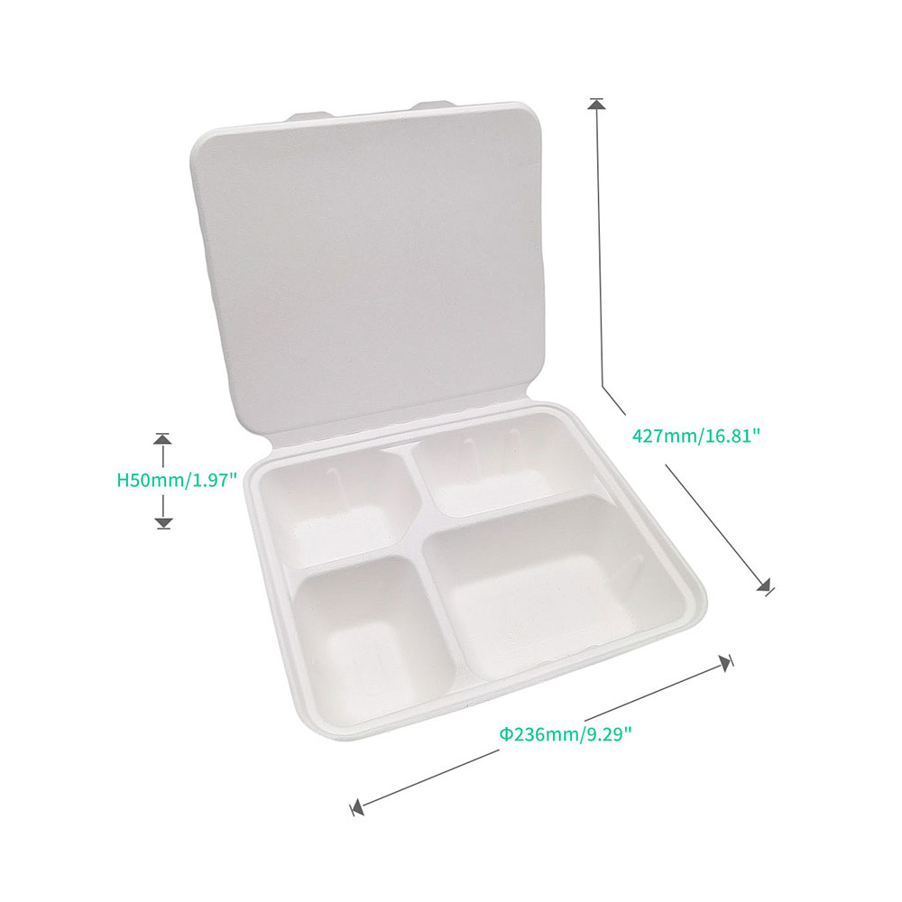 1200ml 4-Comp 7.4"x9.6"xH1.9" 48g Bagasse Compostable Disposable Paper Lunch Tray with Lid