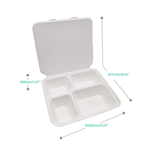 1200ml 4-Comp 7.4"x9.6"xH1.9" 48g Bagasse Compostable Disposable Paper Lunch Tray with Lid