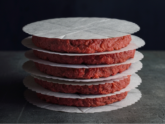 Paper burger discs that can be used to separate raw patties.
