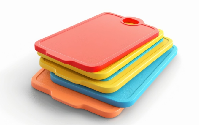 Plastic cutting boards that can be used to prepare toppings and assemble burgers.