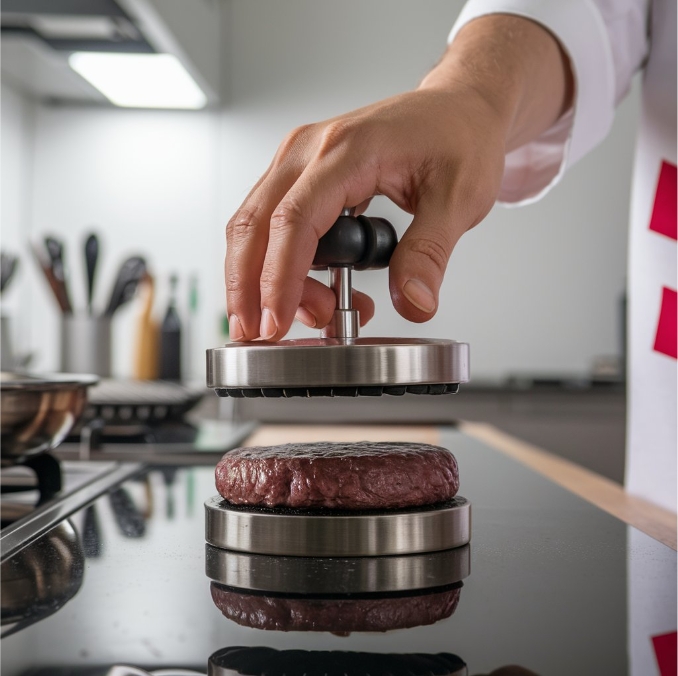 Shaping a patty with a burger press