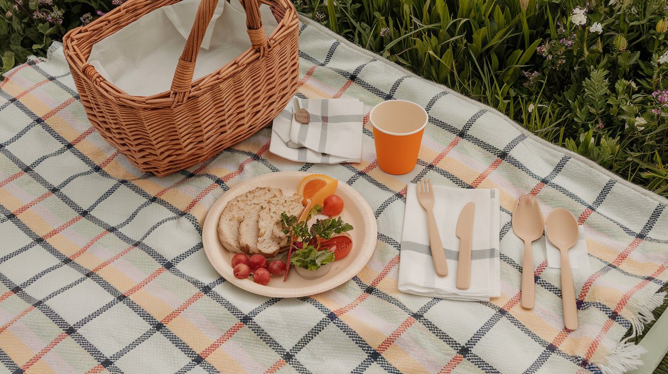 Top-down view of a picnic scene with a checkered blanket, basket, plate of food, cup, napkin, and paper cutlery (knife, fork, spoon) in a green field with flowers.
