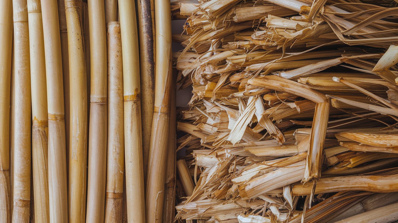An assortment of sugarcanes and sugarcane pulp (bagasse) piled together in a room, creating a natural yet chaotic appearance