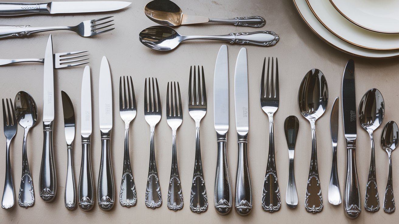 Neatly arranged cutlery on a table, including knives, forks, and spoons, with a clean background.
