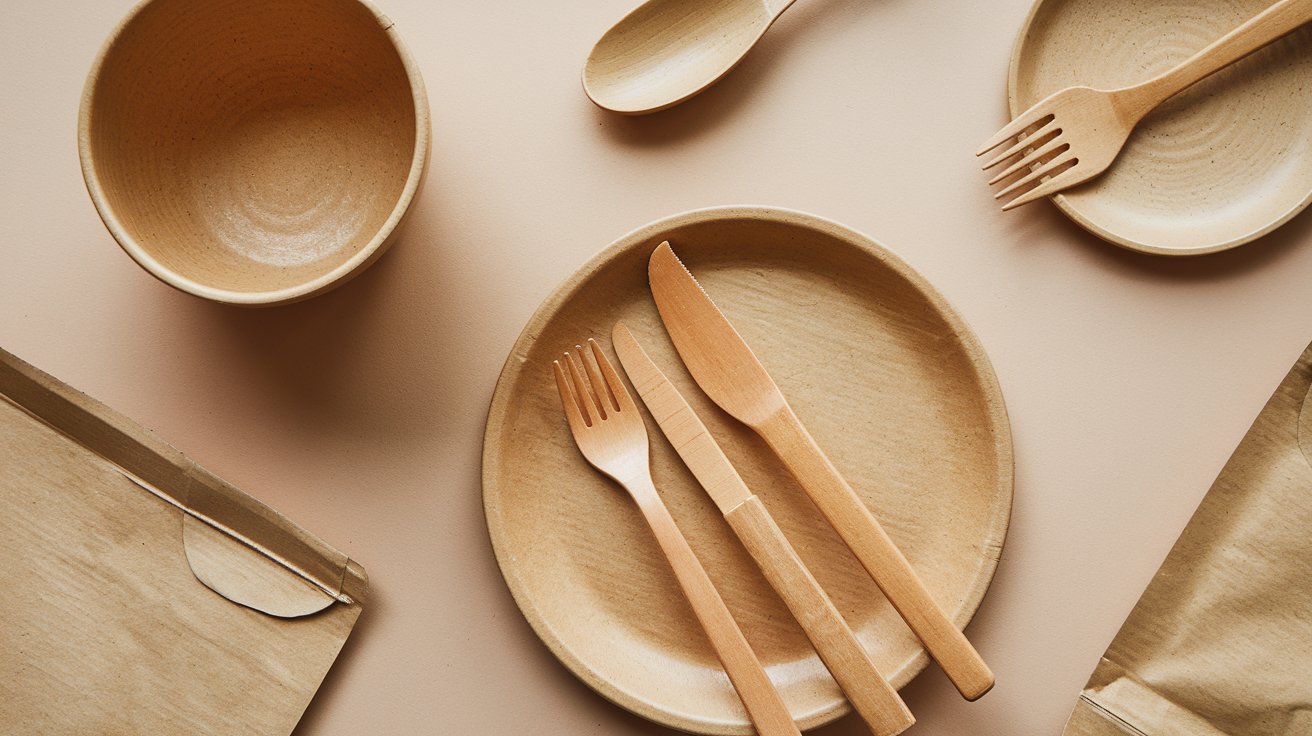 Wooden bowl, plate, and cutlery on a beige surface with soft lighting.