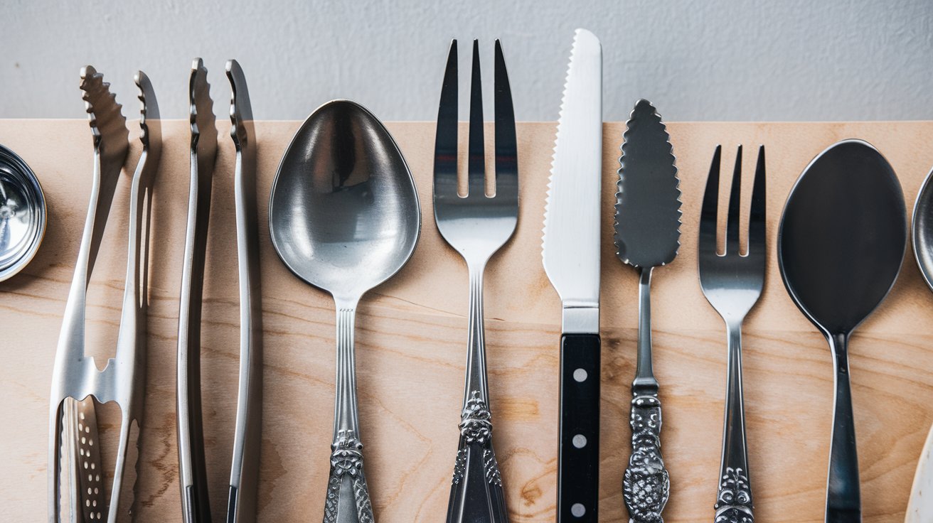 Variety of serving utensils, including tongs, spoon, and fork, on a wooden surface with a light grey background.