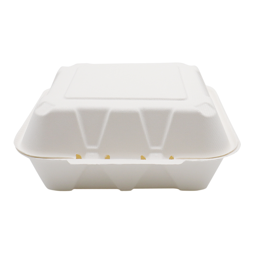 900ml 8x8xH2.76" (Fold) 31g Bagasse Compostable Hinged Food Container for Takeaway