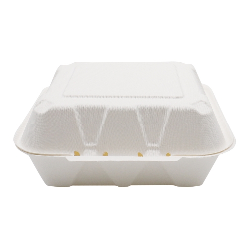 900ml 8x8xH2.76" (Fold) 31g Bagasse Compostable Hinged Food Container for Takeaway