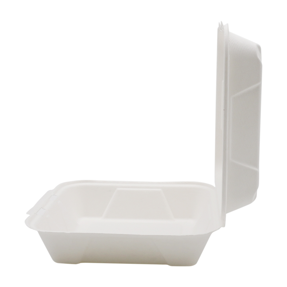 900ml 8x8xH2.76" (Fold) 31g Bagasse Compostable Hinged Food Container for Takeaway
