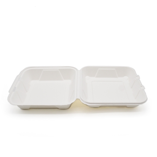 900ml 8x8xH2.76" (Fold) 31g Bagasse Compostable Hinged Food Container for Takeaway