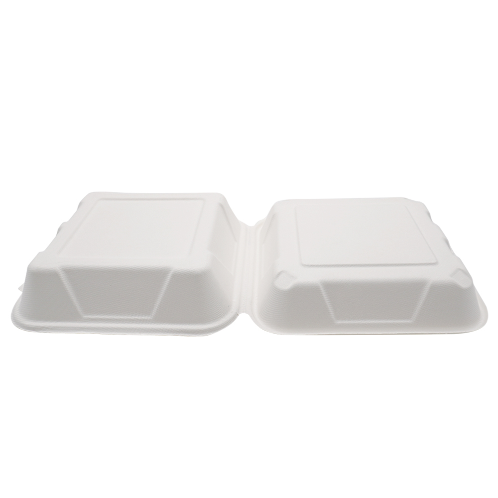 900ml 8x8xH2.76" (Fold) 31g Bagasse Compostable Hinged Food Container for Takeaway