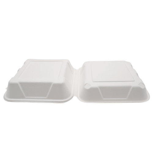 900ml 8x8xH2.76" (Fold) 31g Bagasse Compostable Hinged Food Container for Takeaway