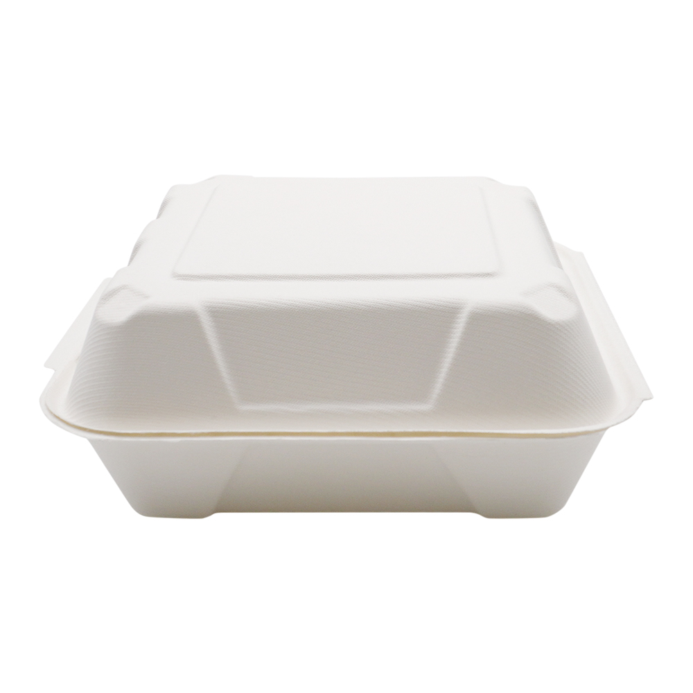 900ml 8x8xH2.76" (Fold) 31g Bagasse Compostable Hinged Food Container for Takeaway