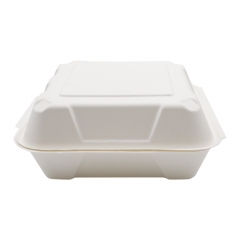 900ml 8x8xH2.76" (Fold) 31g Bagasse Compostable Hinged Food Container for Takeaway