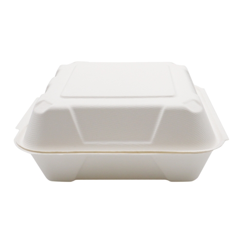 900ml 8x8xH2.76" (Fold) 31g Bagasse Compostable Hinged Food Container for Takeaway