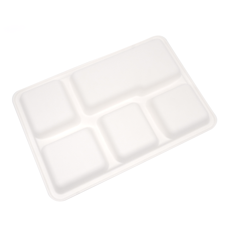 5-Comp 12.48x8.50xH0.96" 30g Bagasse Compostable Cafeteria Trays with Compartments