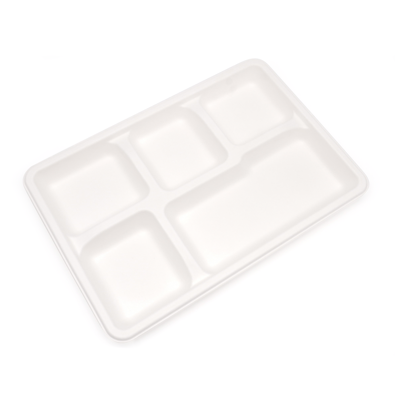 5-Comp 12.48x8.50xH0.96" 30g Bagasse Compostable Cafeteria Trays with Compartments
