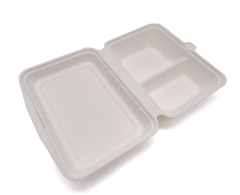 853ml 9x6.7xH2.8" (Fold) 39g 2-Comp Bagasse Compostable To Go Box for Food Packaging