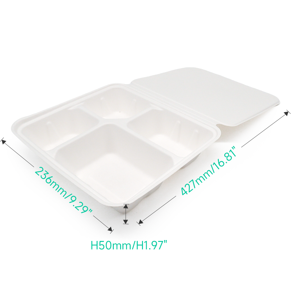 1200ml 4-Comp 7.4"x9.6"xH1.9" (Fold) 48g Bagasse Compostable Disposable Paper Lunch Tray with Lid
