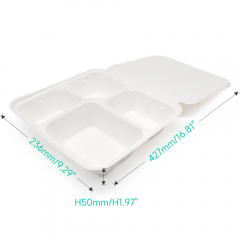 1200ml 4-Comp 7.4"x9.6"xH1.9" (Fold) 48g Bagasse Compostable Disposable Paper Lunch Tray with Lid